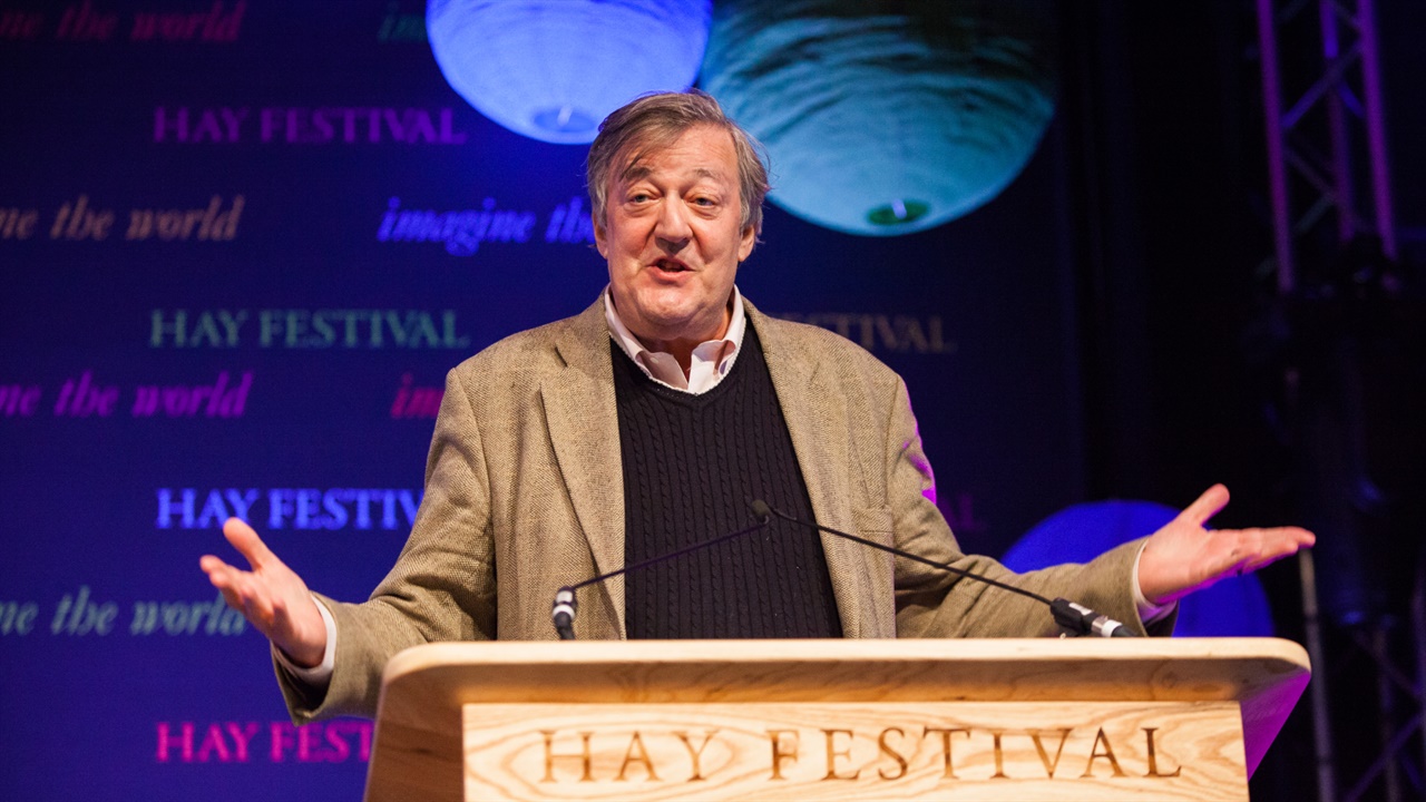 Stephen Fry on stage at Hay Festival